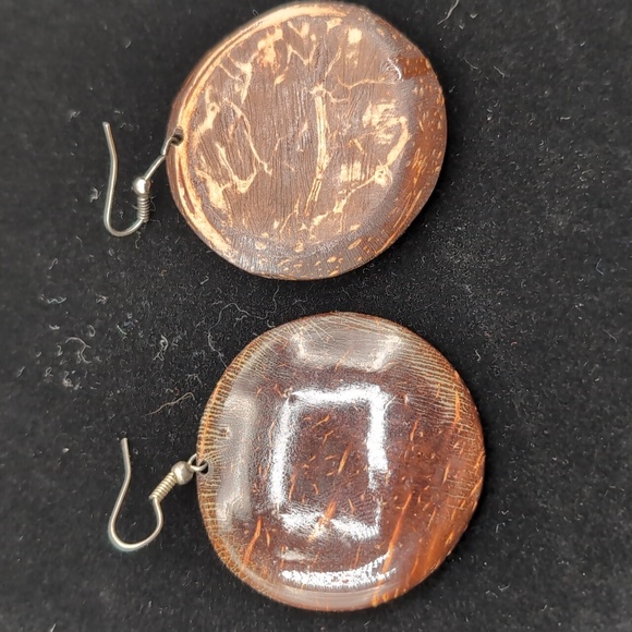 Brown Coconut Shell Focus Drop Dangle Hook Earrings - Picture 6 of 7